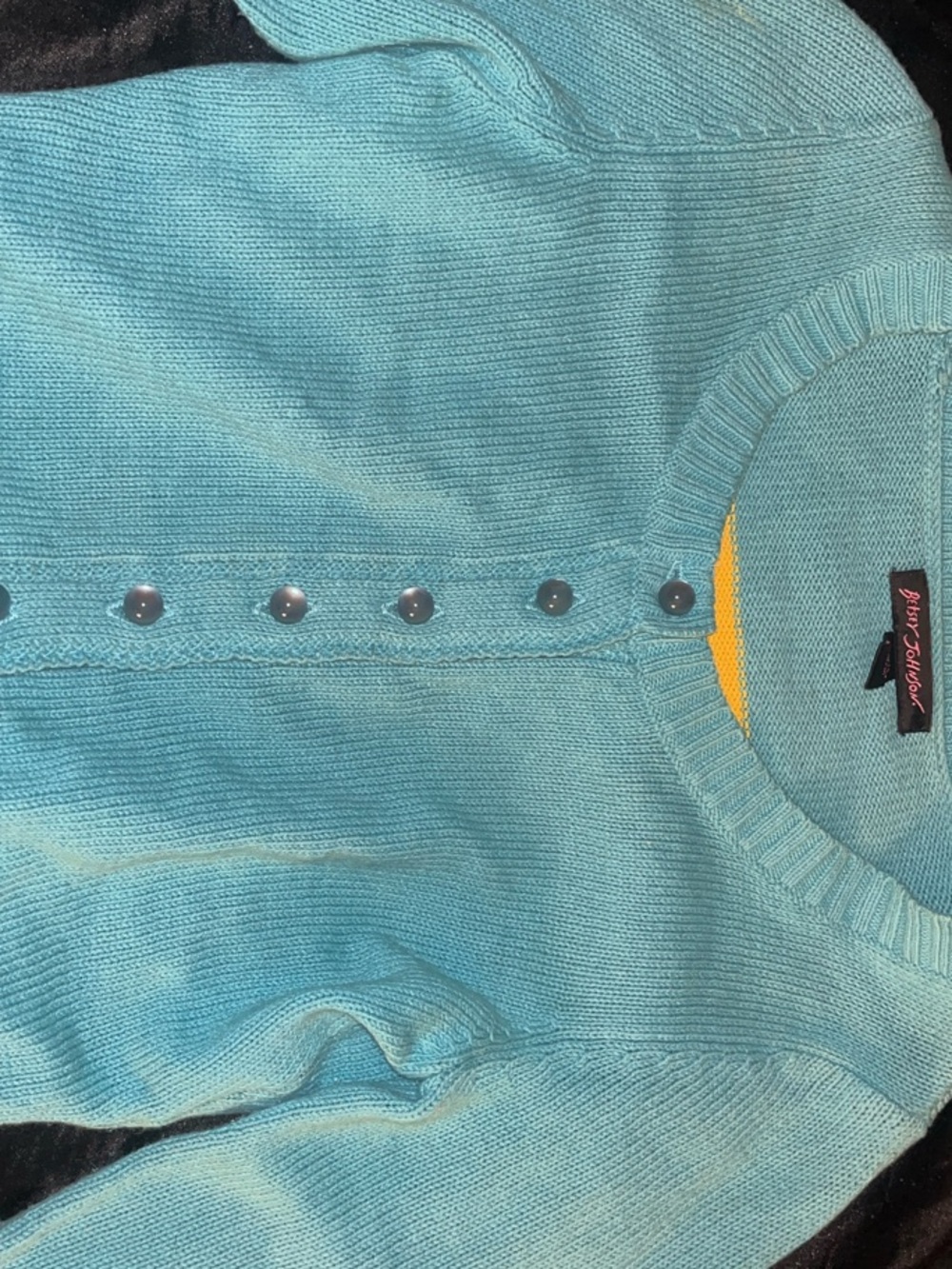 Betsey Johnson Turquoise Pop-Art Face Sweater with Yellow & Pink Accents - Picture 2 of 2